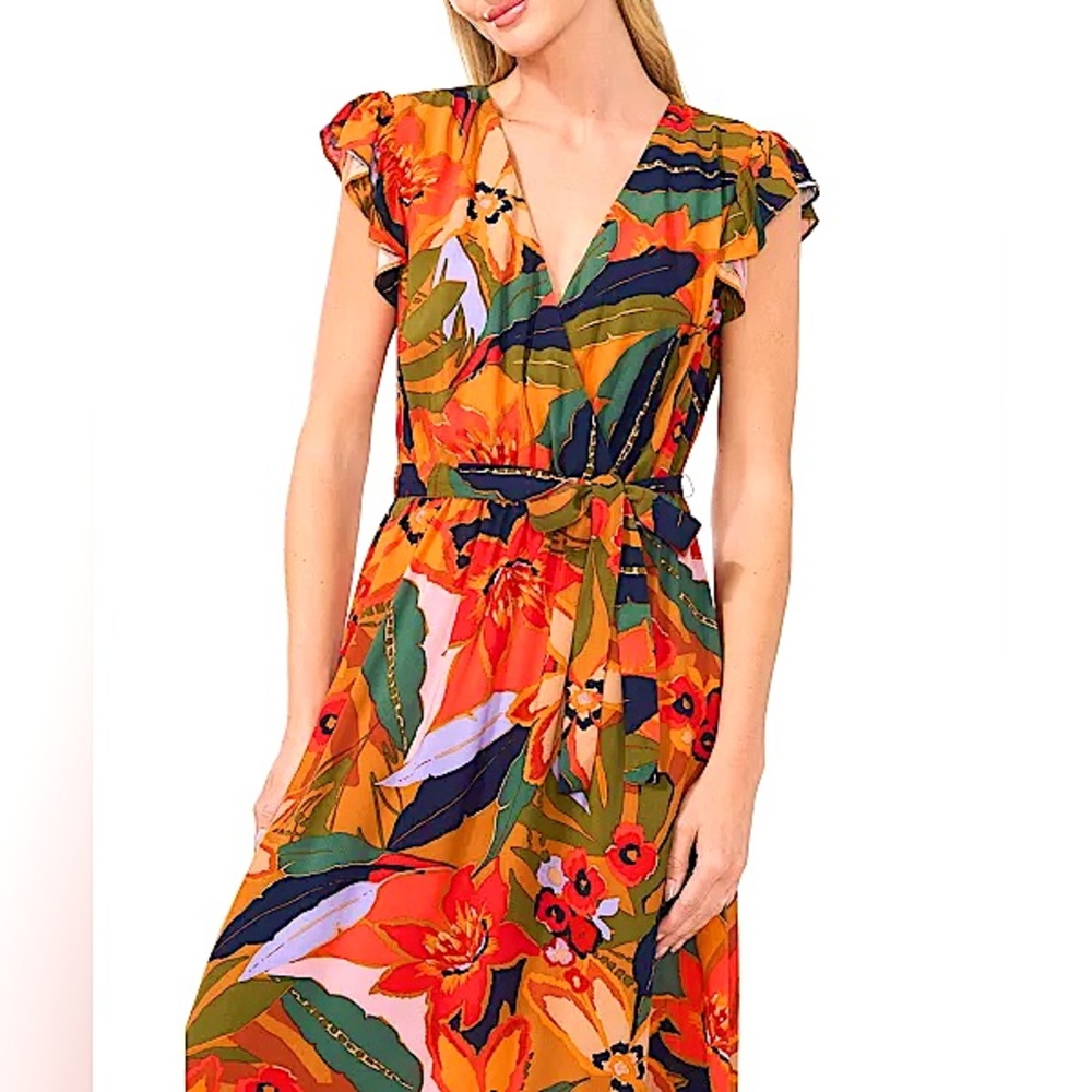 😍 NWT New CeCe Orange Red Wrap Tie Front Maxi Dress XL Vacation Summer